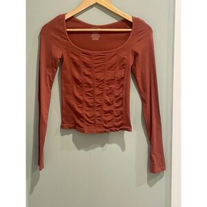 Free‎ People Intimately Ruched Ribbed Long Sleeve Top Terracotta XS P